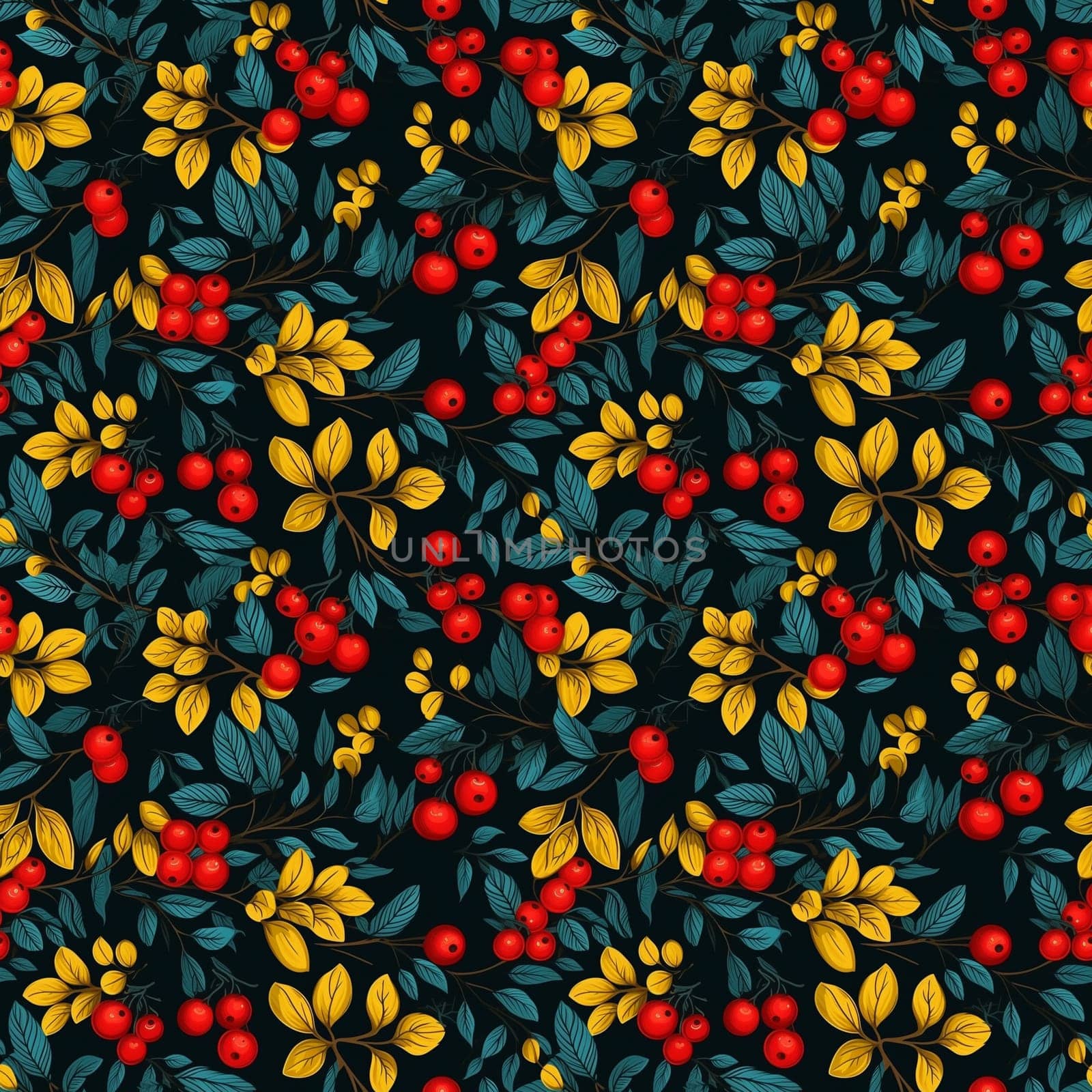 seamless pattern on dark background of flowers leaves and berries. generative ai by maclura