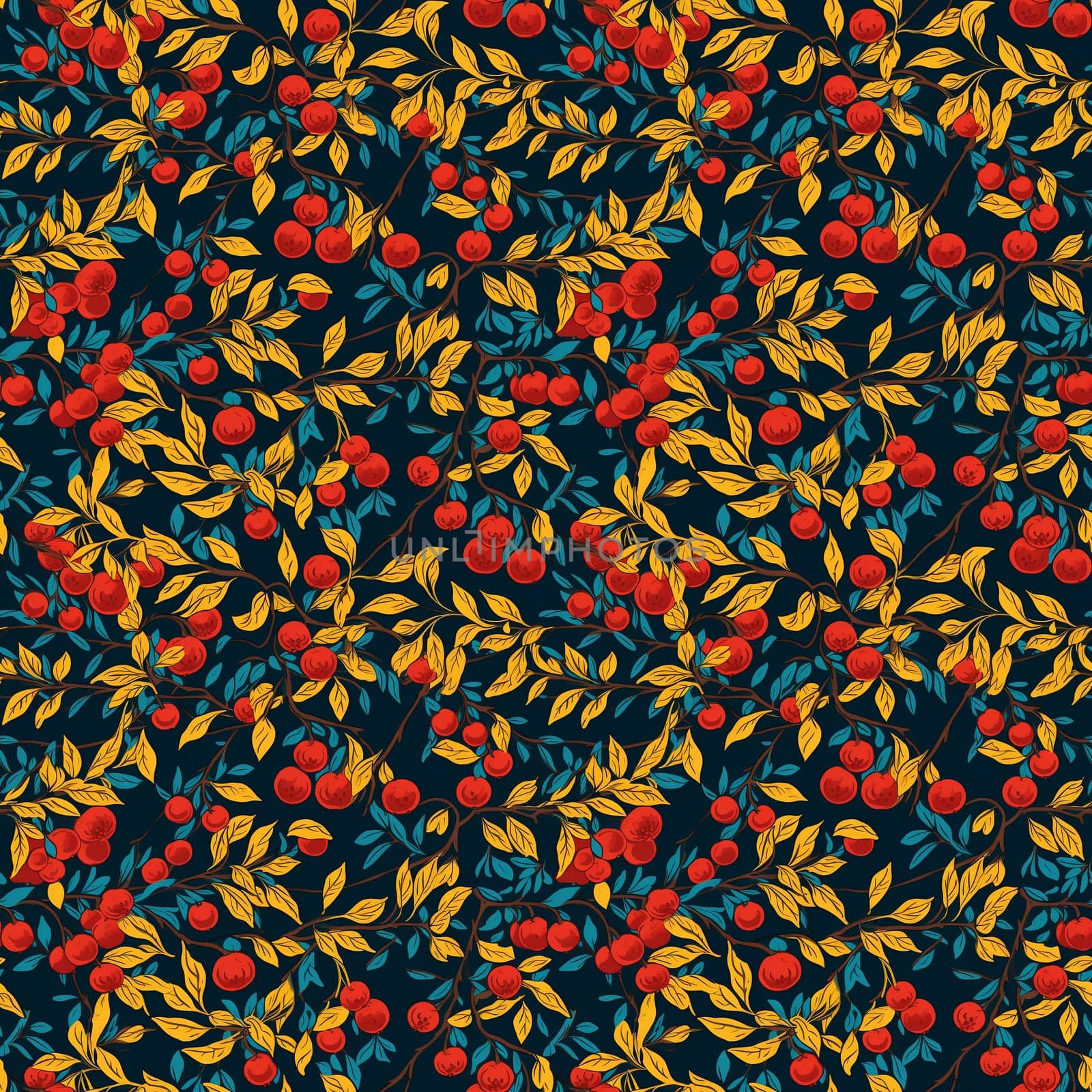 seamless pattern on dark background of flowers leaves and berries. generative ai by maclura