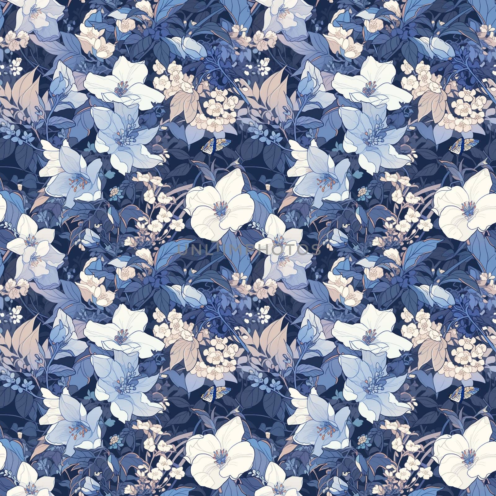Seamless pattern blue flowers and leaves. Pattern in Asian Japanese style. generative ai by maclura