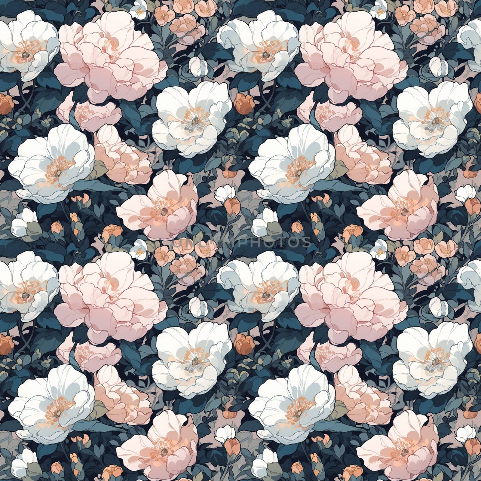 Seamless pattern blue flowers and leaves. Pattern in Japanese style. generative ai