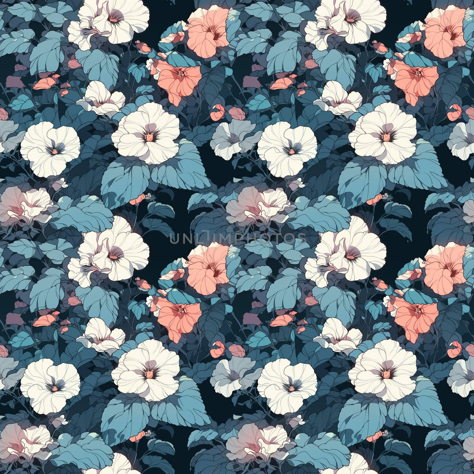 Seamless pattern blue flowers and leaves. Pattern in Japanese style. generative ai