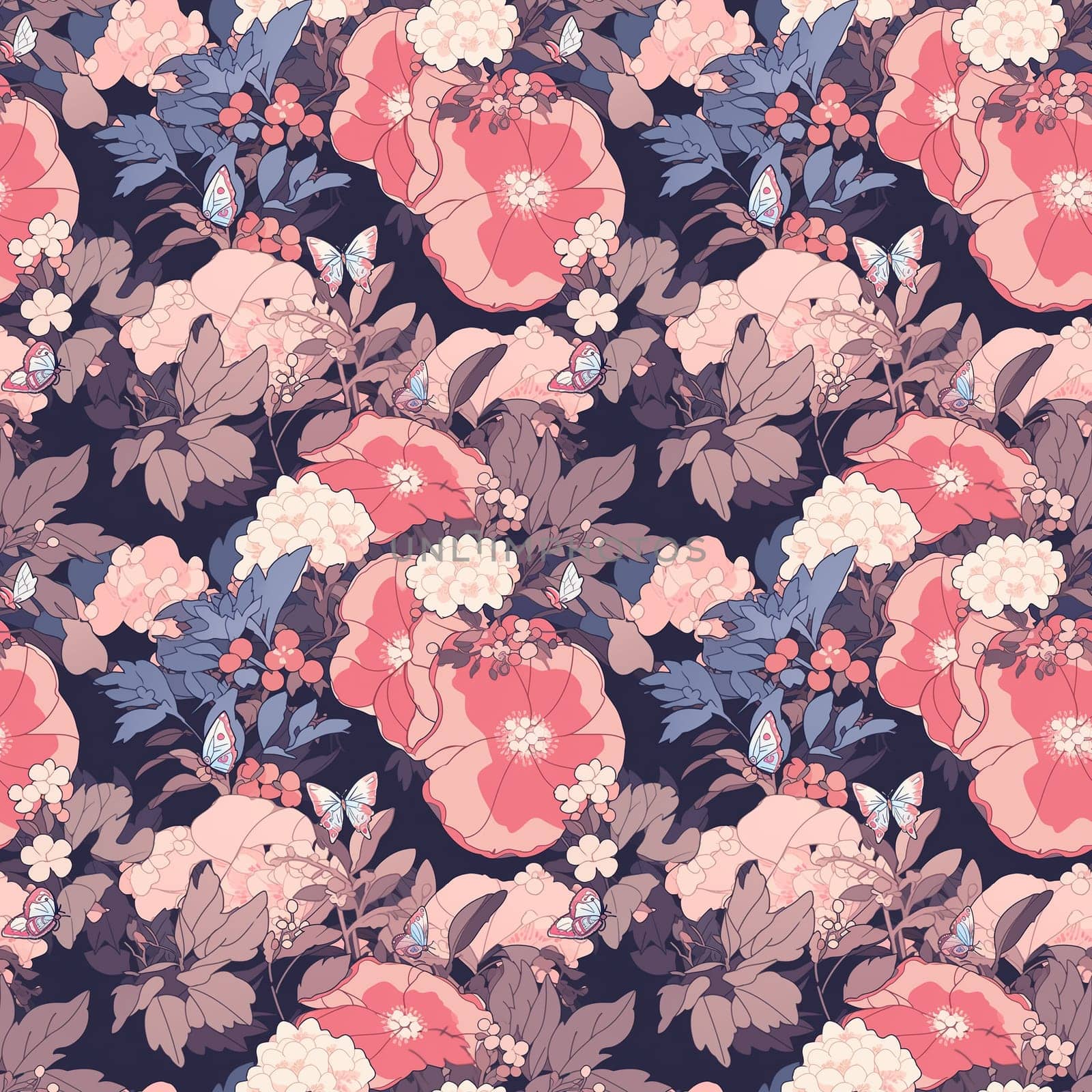 Seamless pattern flowers and leaves. Pattern in Japanese style. generative ai