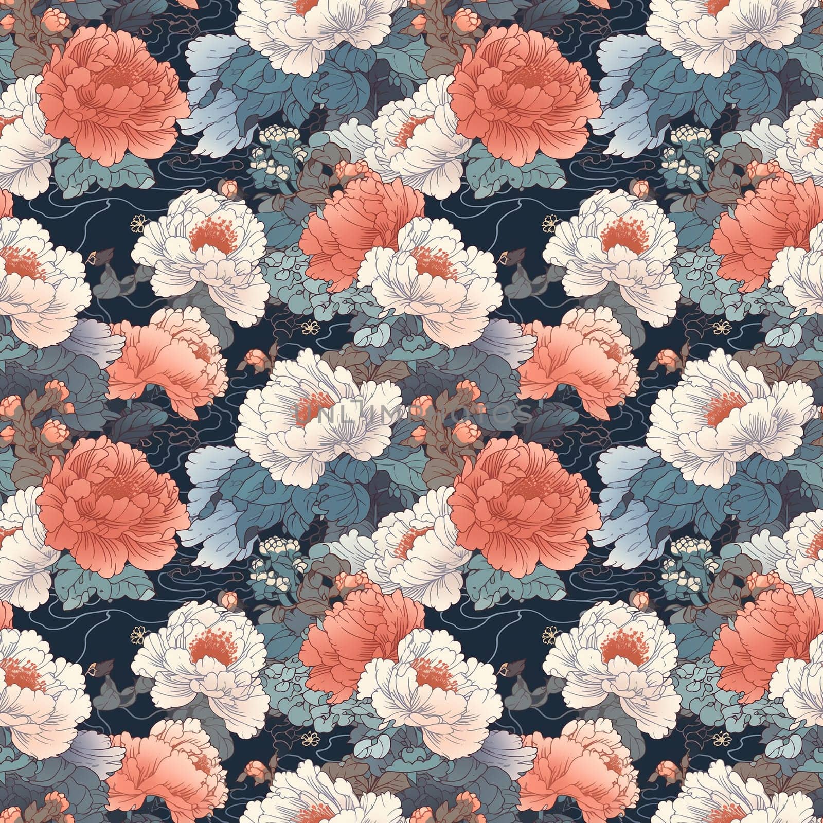 Seamless pattern flowers and leaves. Pattern in Japanese style. generative ai