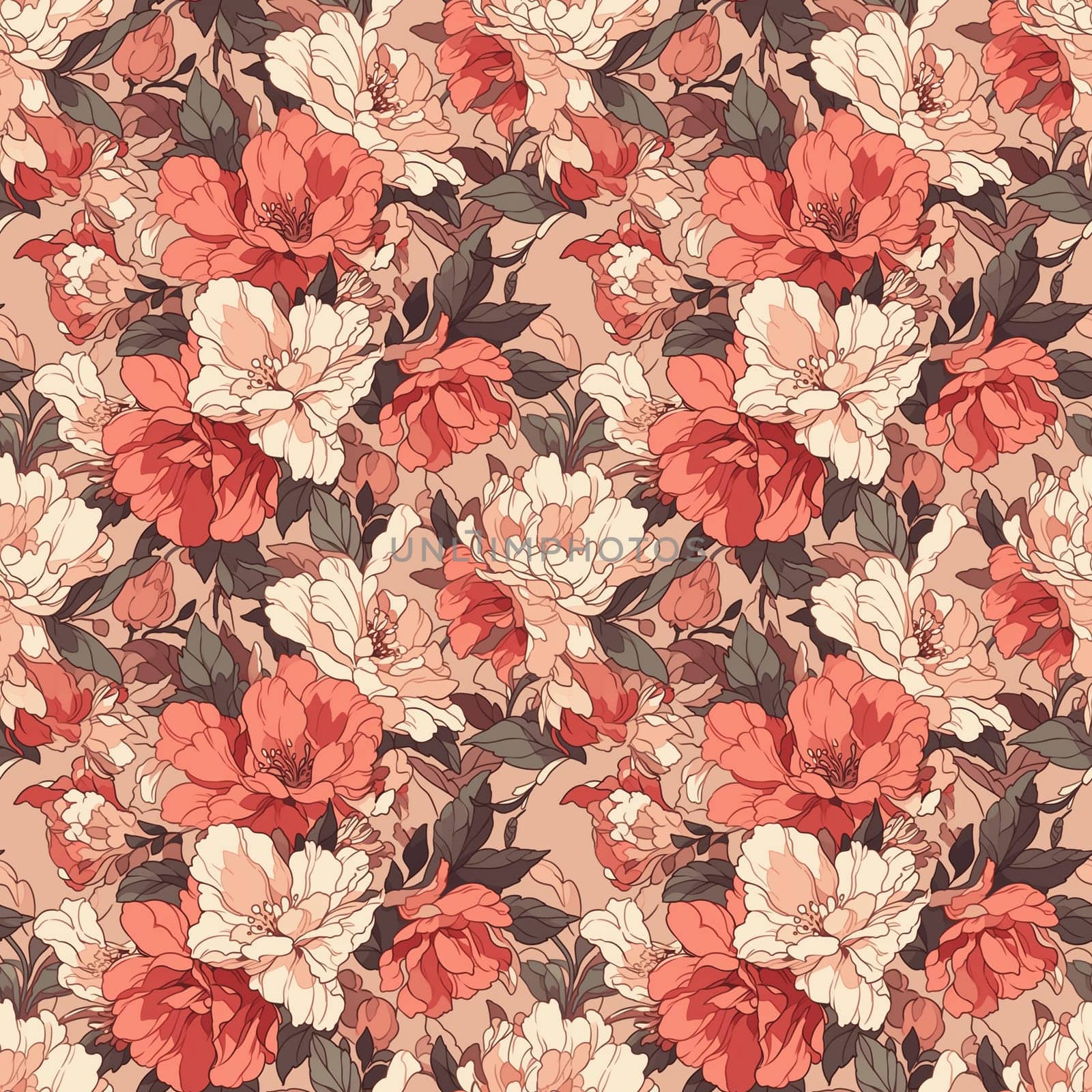 Seamless pattern flowers and leaves. Pattern in Japanese style. generative ai