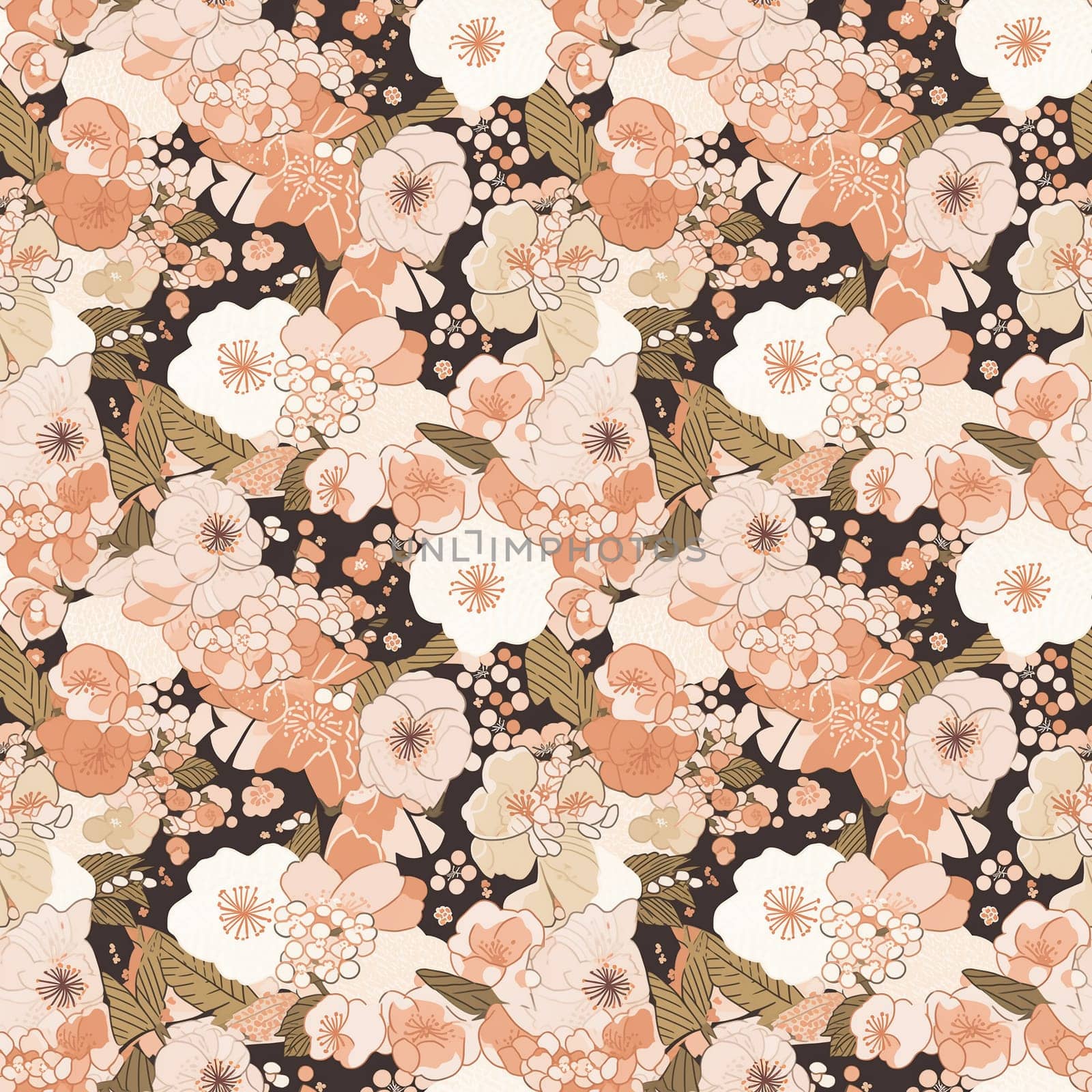 Seamless pattern flowers and leaves. Pattern in Japanese style. generative ai