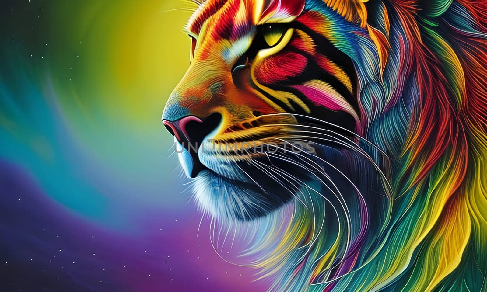 A multi colored lion portrait. Generative AI
