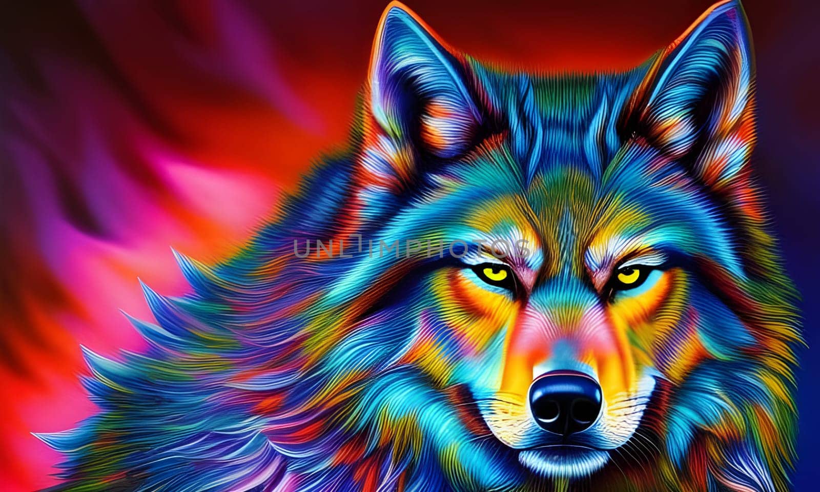 Portrait of a wolf in neon colors with a flaming red background. Generative AI.