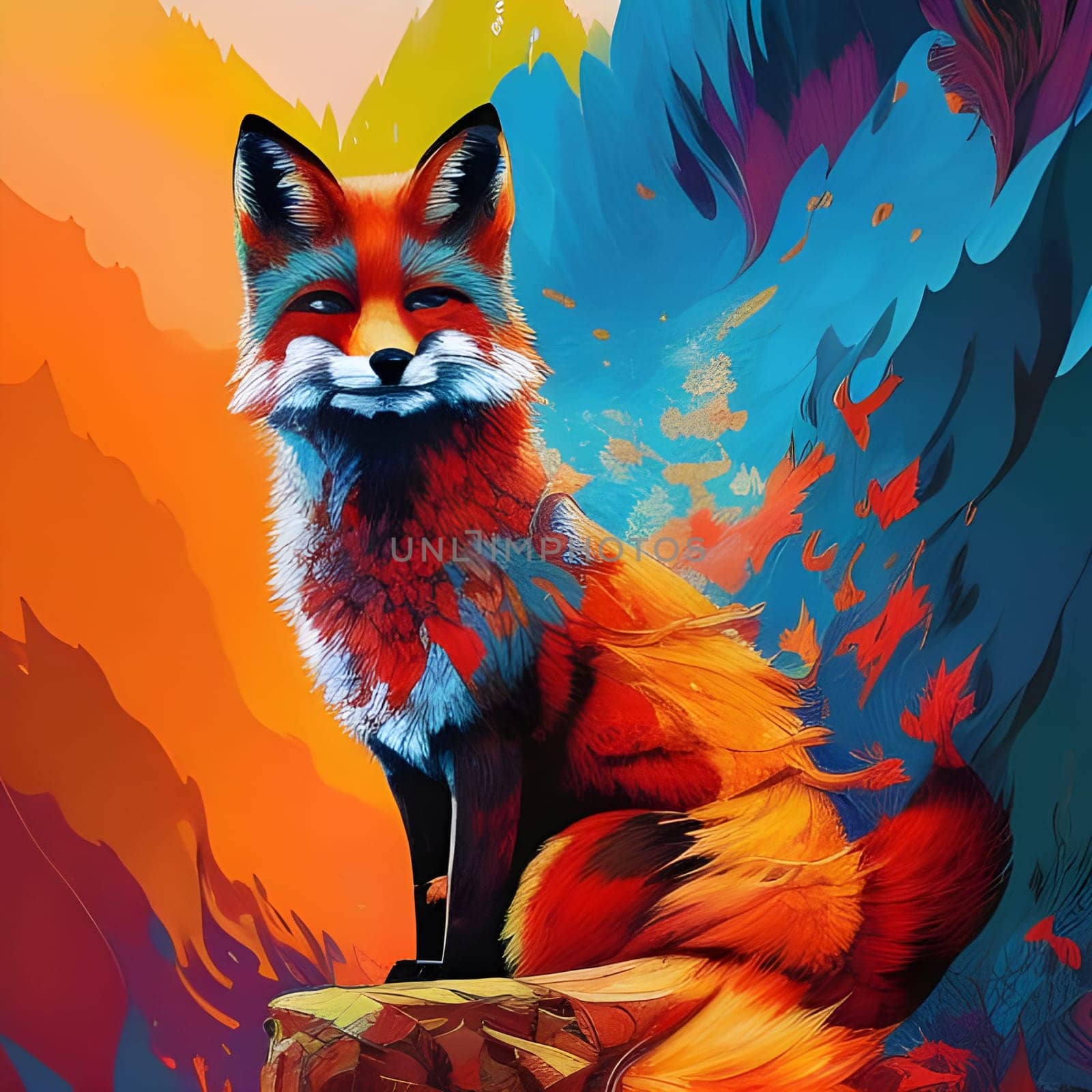 Sitting colorful fox against a vibrant colored background. Generative Ai.