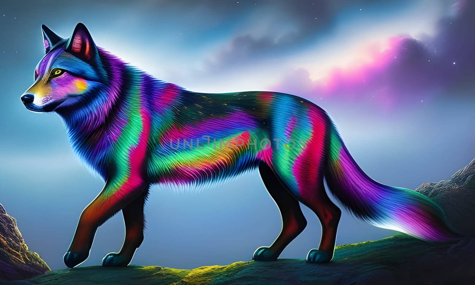 Walking cosmic wolf in rainbow colors. Generative AI.