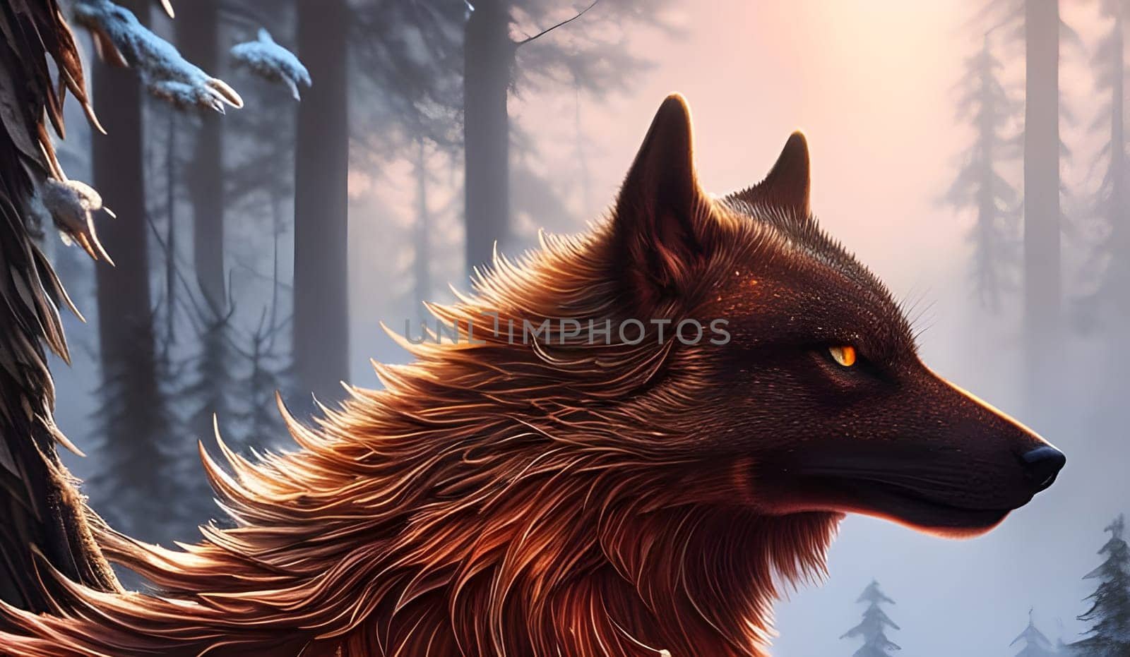 Portrait of a brown wolf in a winter forest. Side view. Generative AI.