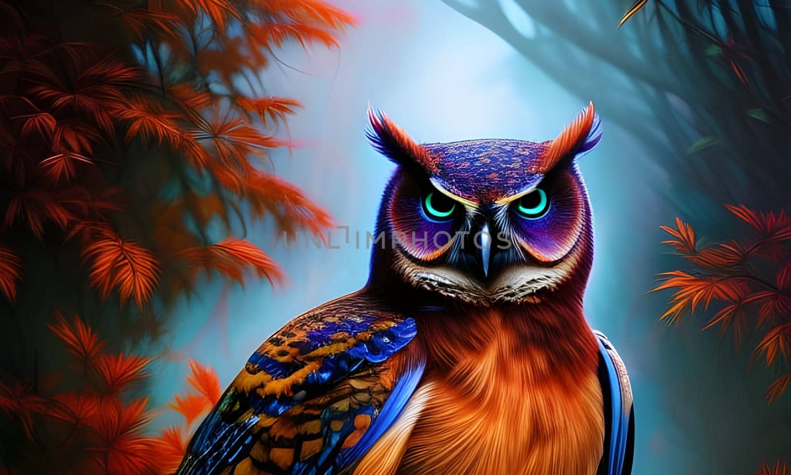 Colorful owl with blue eyes looking disdainfully. In the background red leaved trees. Generative AI