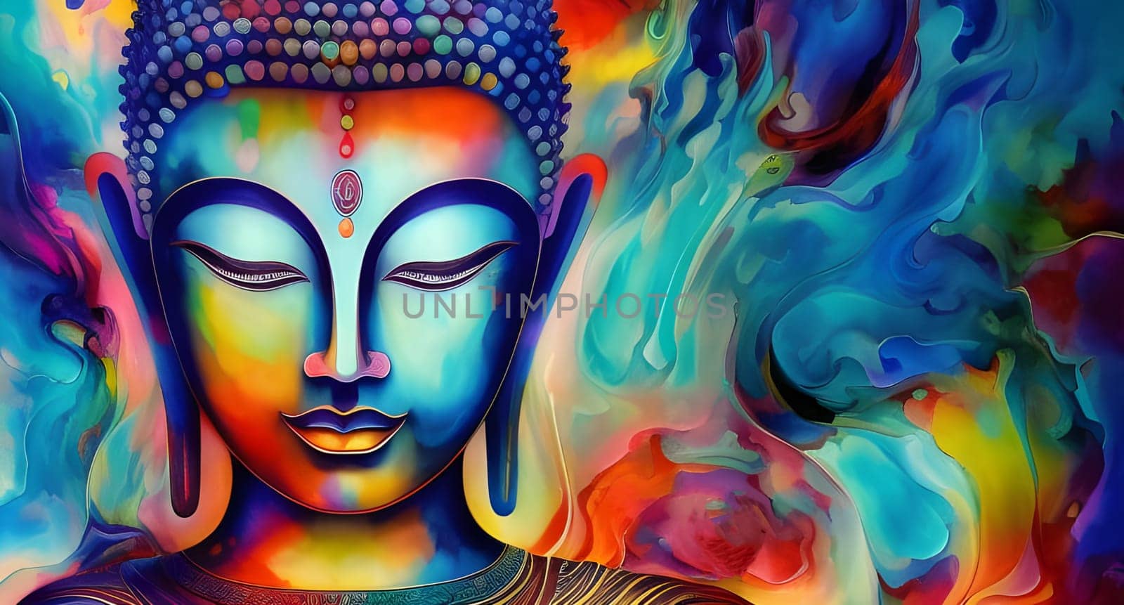 Head of buddha with inkflow background. Colorful painting. Generative Ai.