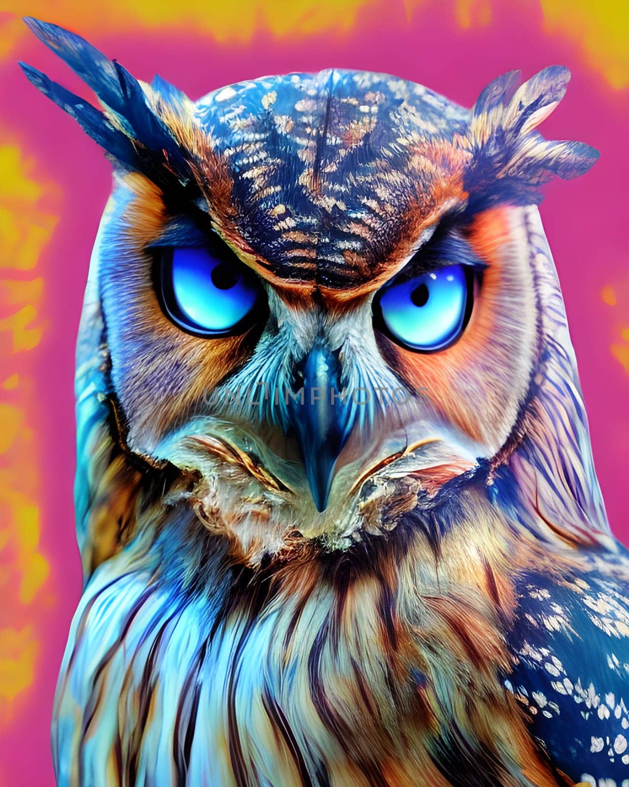Owl with blue eyes looking disdainfully. Generative AI