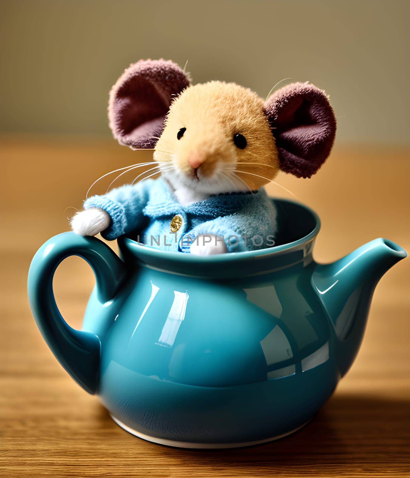 Cute toy mouse in a blue teapot. He has a blue knitted jacket. Generative AI.