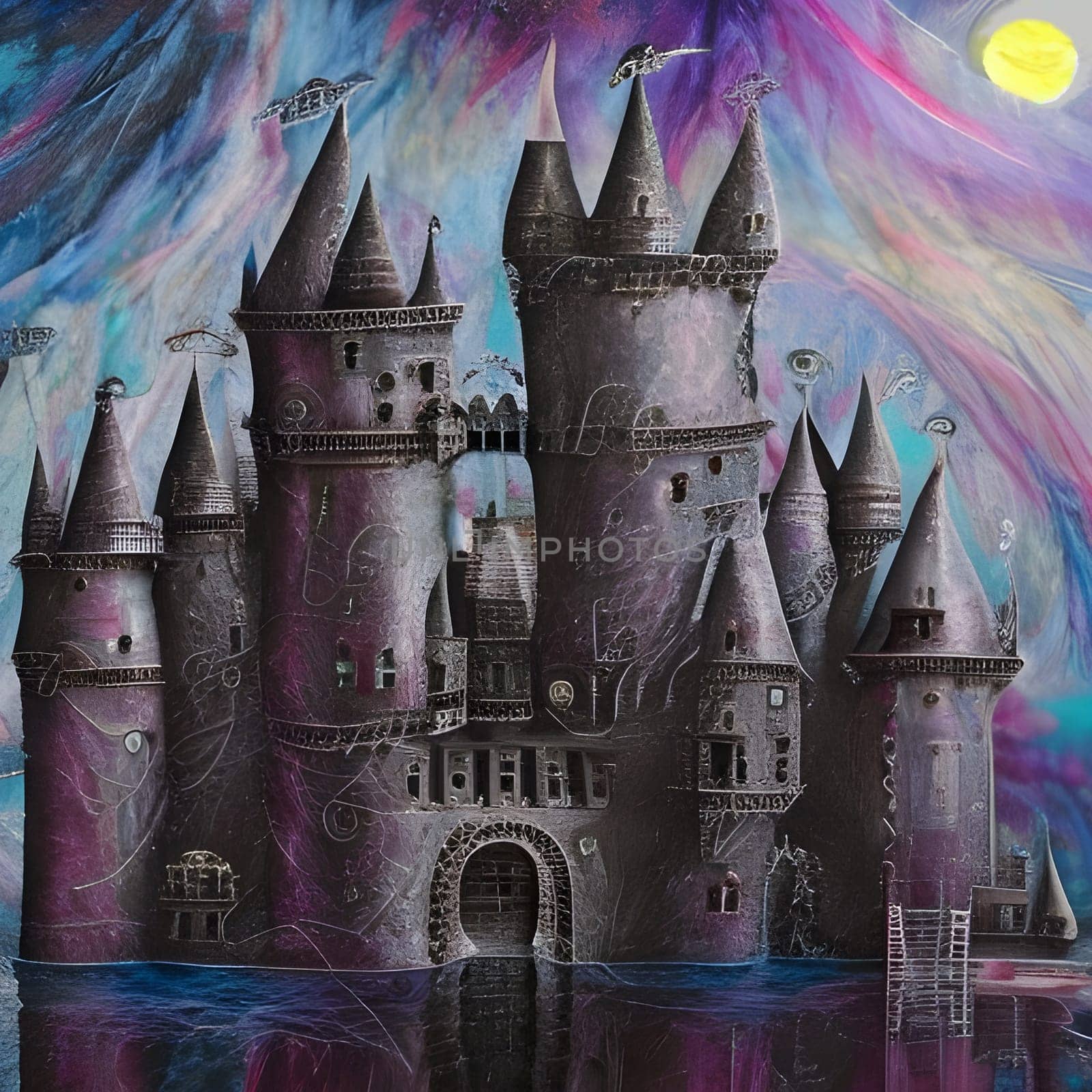 Dramatic and dark gothic castle in the night. Generative AI.

