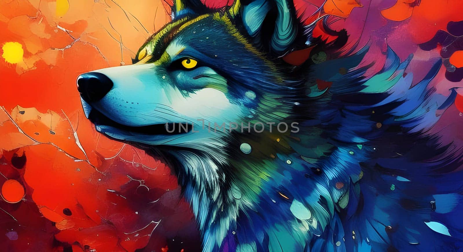 A blue wolf with yellow eyes on a red background. Splashing colors Generative AI.