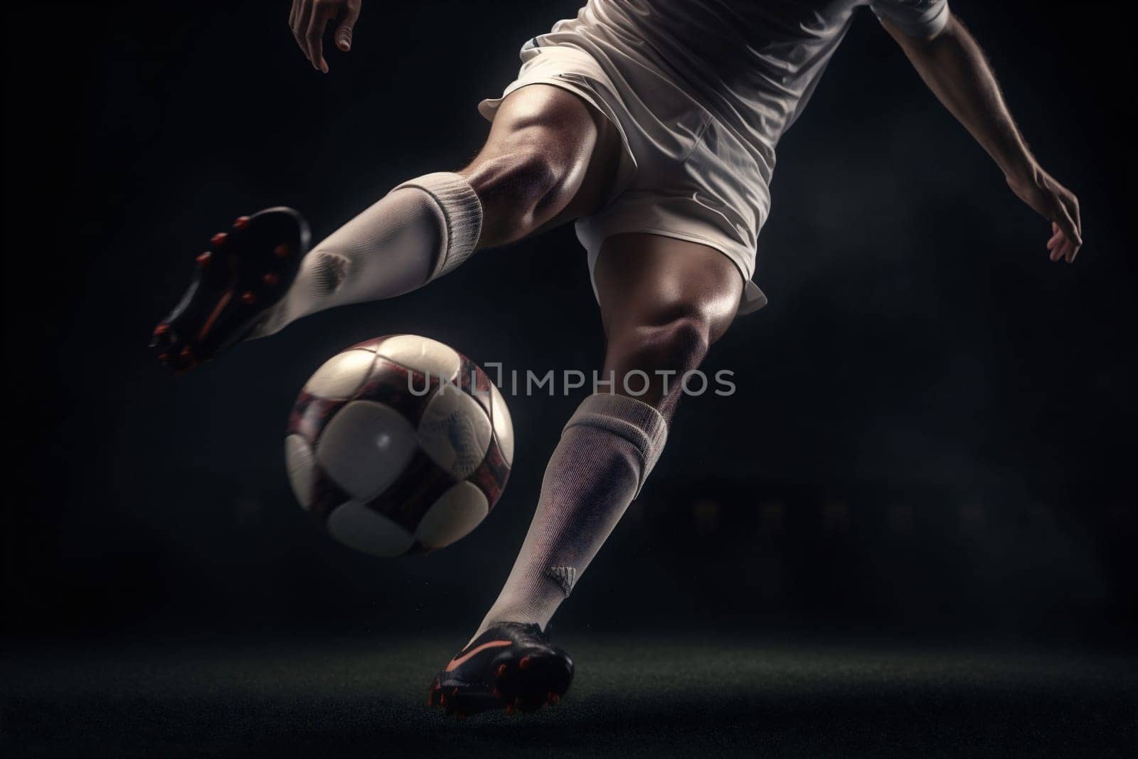 competitive stadium competition shoe sport field soccer playing game ball grass leisure foot background summer kick goal football team light. Generative AI.