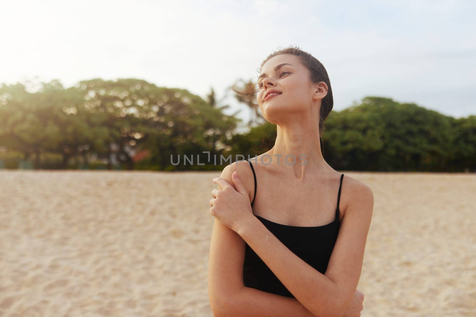 walking woman smile beach relax free sea water nature person sand sunlight vacation happiness ocean jean dress sunset summer enjoyment lifestyle