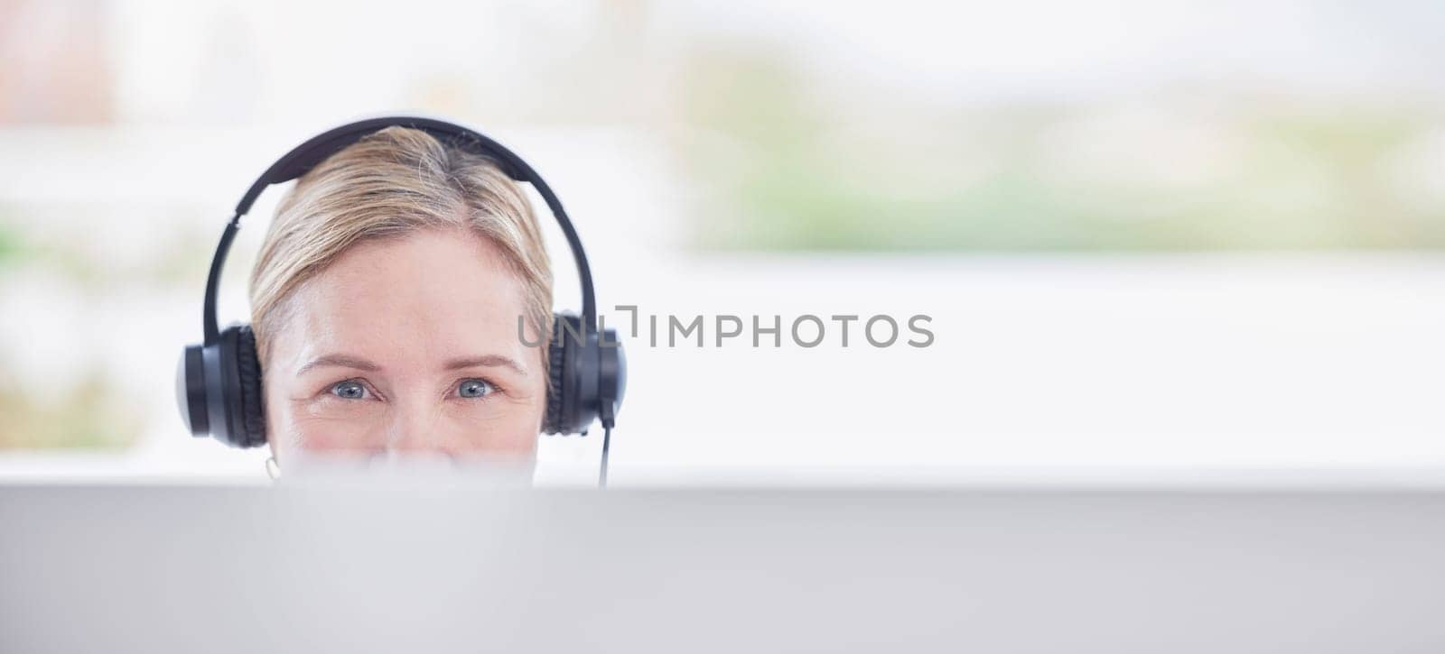 Call center portrait, woman on computer, consultant or agent in customer support, virtual communication and consulting service. Online advisor, telecom person or worker face in headset, pc and mockup.