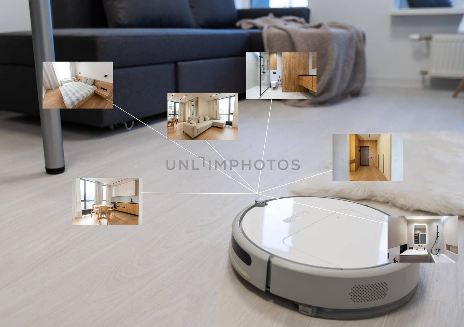people, housework and technology concept. robot vacuum cleaner