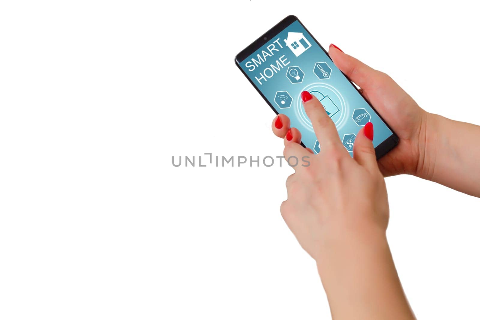 isolated woman hand holding the phone with system smart house.