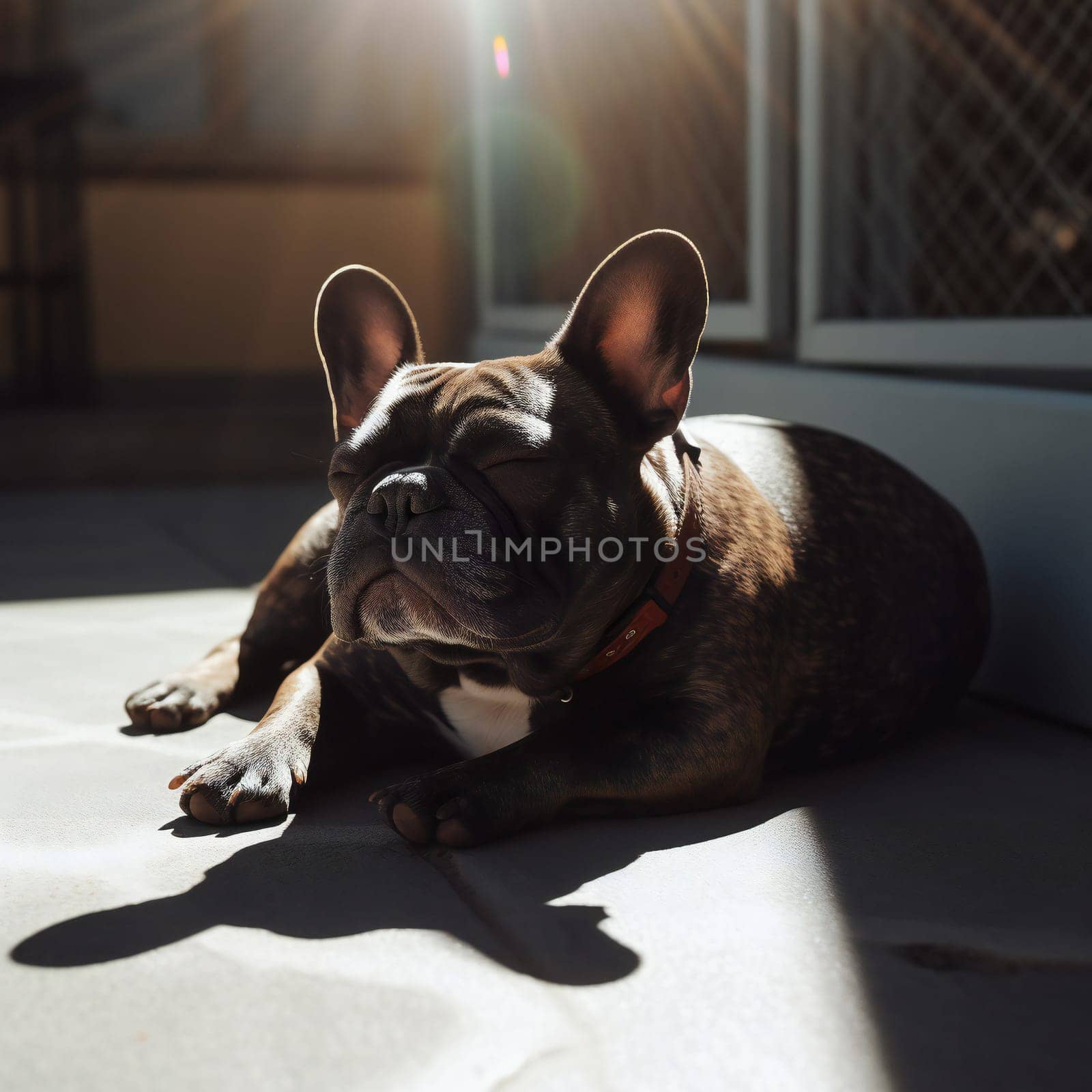A Very Cute French Bulldog Sleeping outside. frenchie sleeps in the sun.