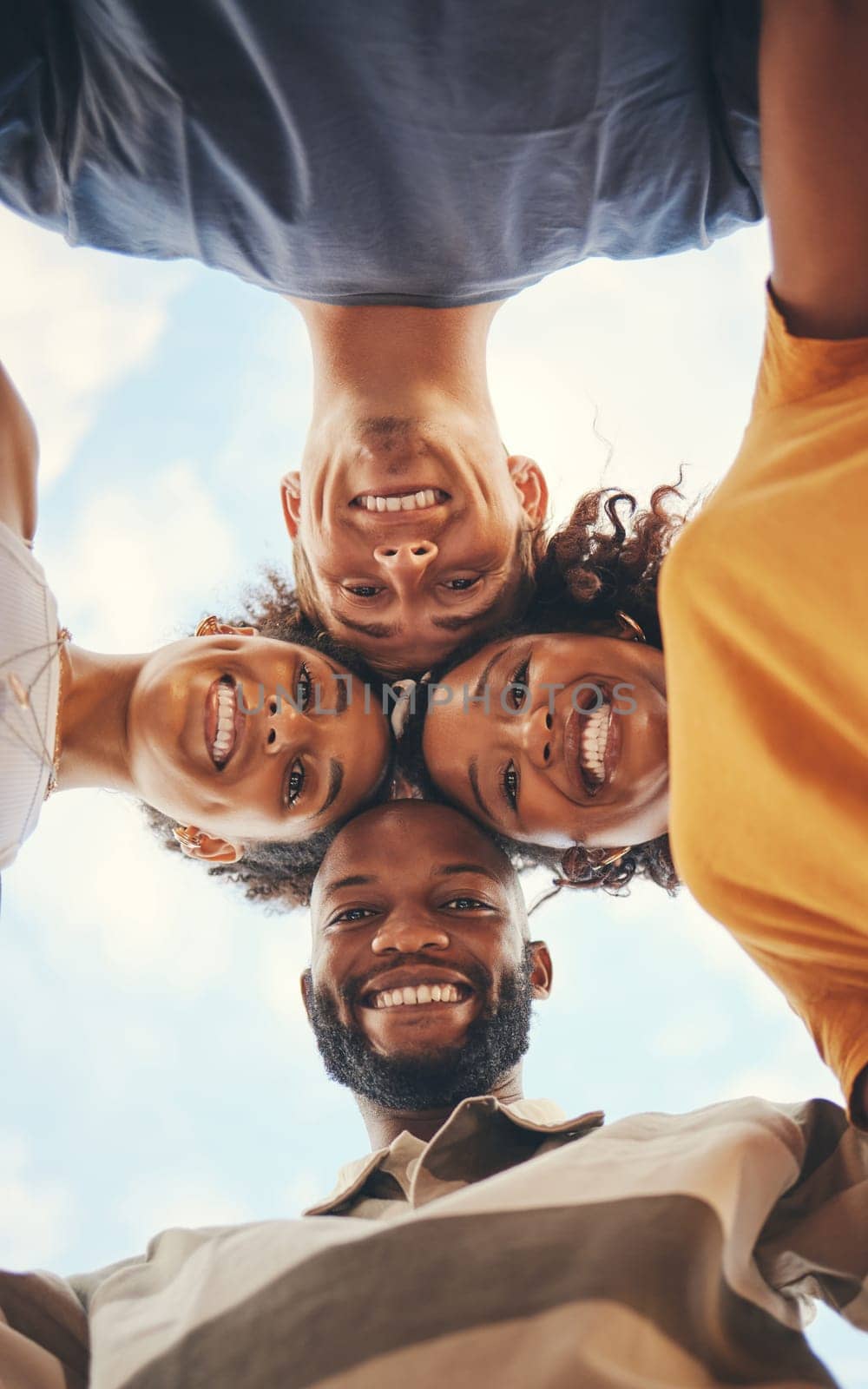 Circle, friends and portrait of happy group of people with smile on their face, having fun. Diversity, friendship and summer adventure selfie looking down, support in multicultural team on holiday by YuriArcurs