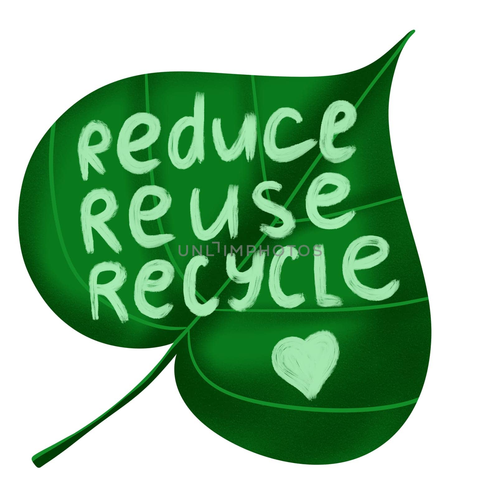 Hand drawn illustration of reduce reuse recycle ecological concept on green leaf leaves. Environment protection slogan, waste garbage control, organic ecology recycling icon logo. by Lagmar