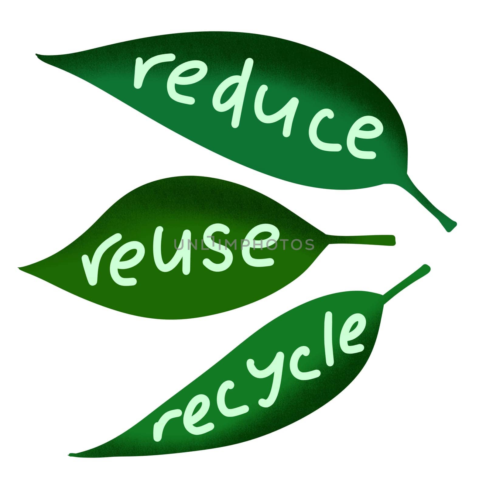 Hand drawn illustration of reduce reuse recycle ecological concept on green leaf leaves. Environment protection slogan, waste garbage control, organic ecology recycling icon logo. by Lagmar