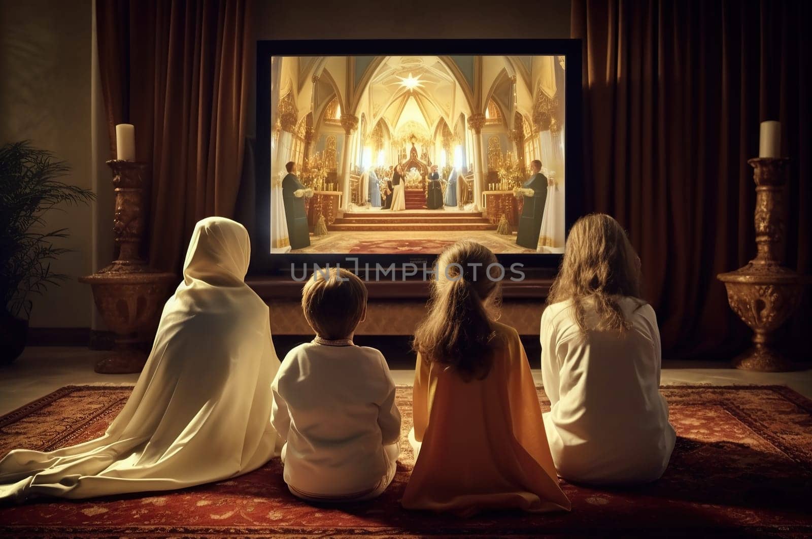 The family watches a church service on TV. Generative AI. High quality illustration