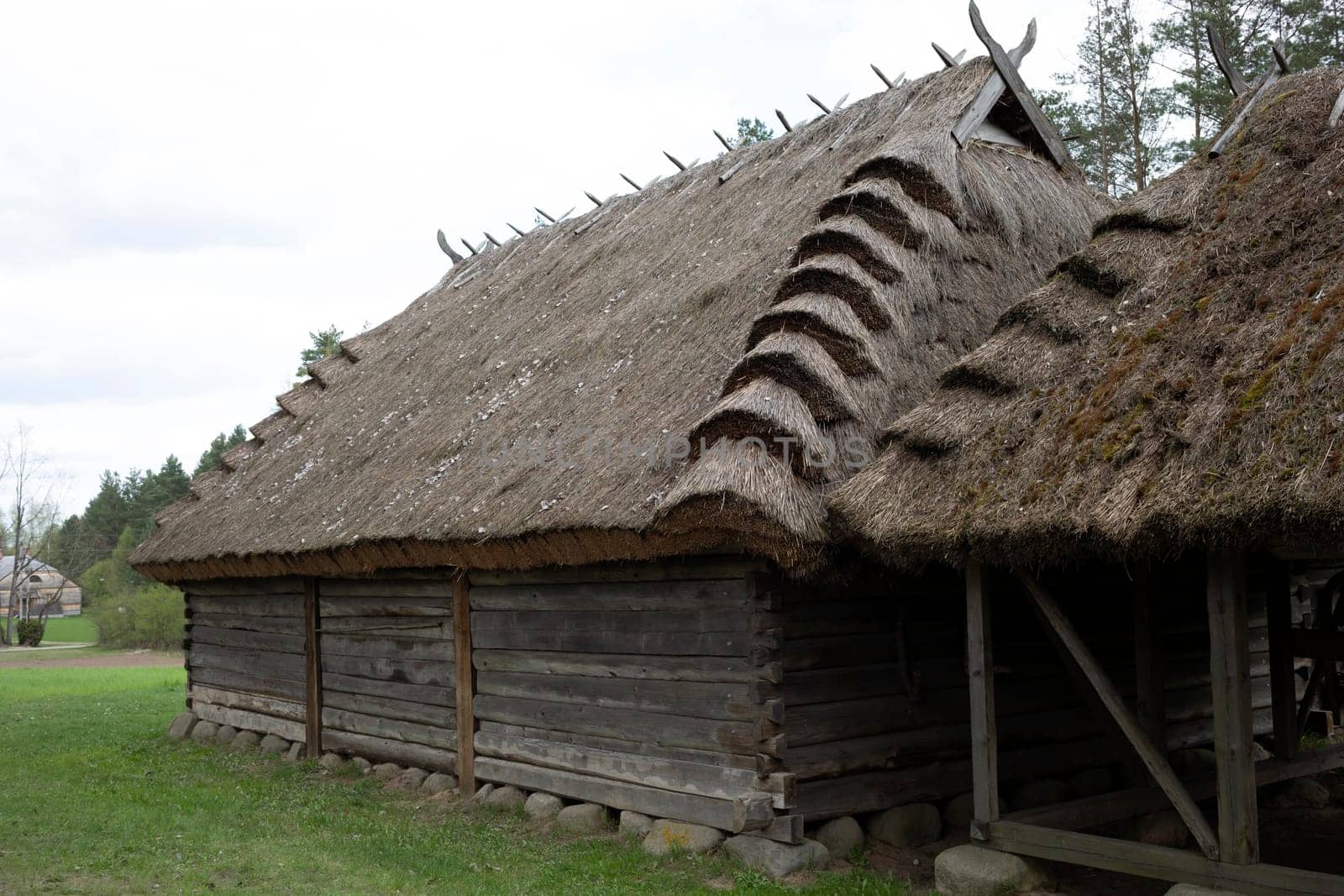 Old Wooden House With Straw, Thatched Roof In Meadow, Open Air. Bungalow Building in Rural Eastern Europe Area, Countryside. Horizontal Landscape Plane High quality photo.