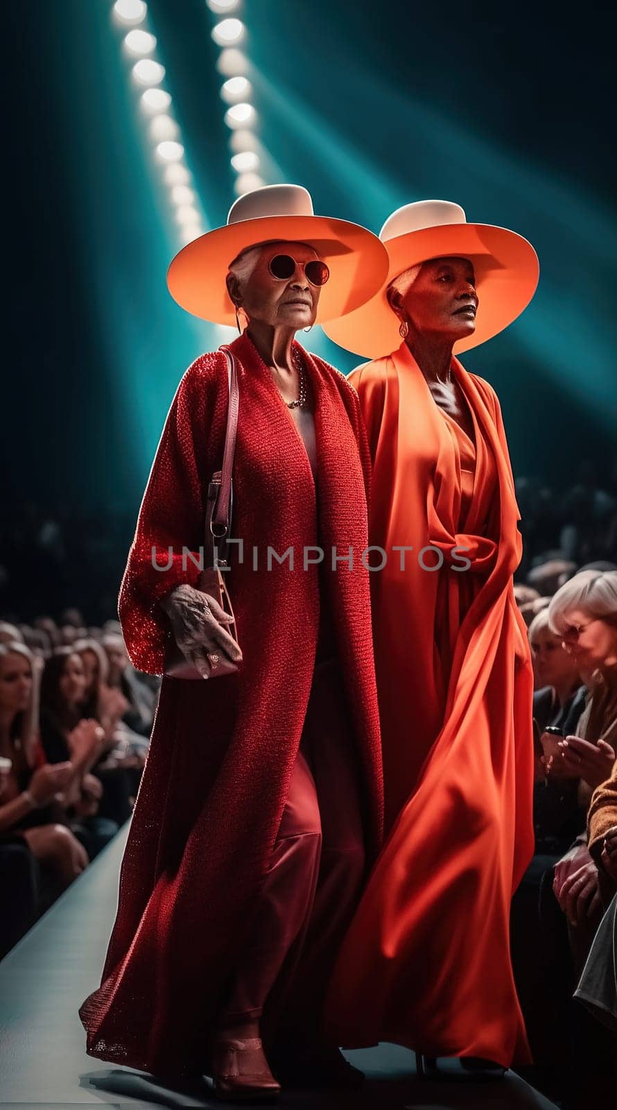 Old, glamorous, well-groomed women walk the runway at a fashion show. Generative AI. by Yurich32