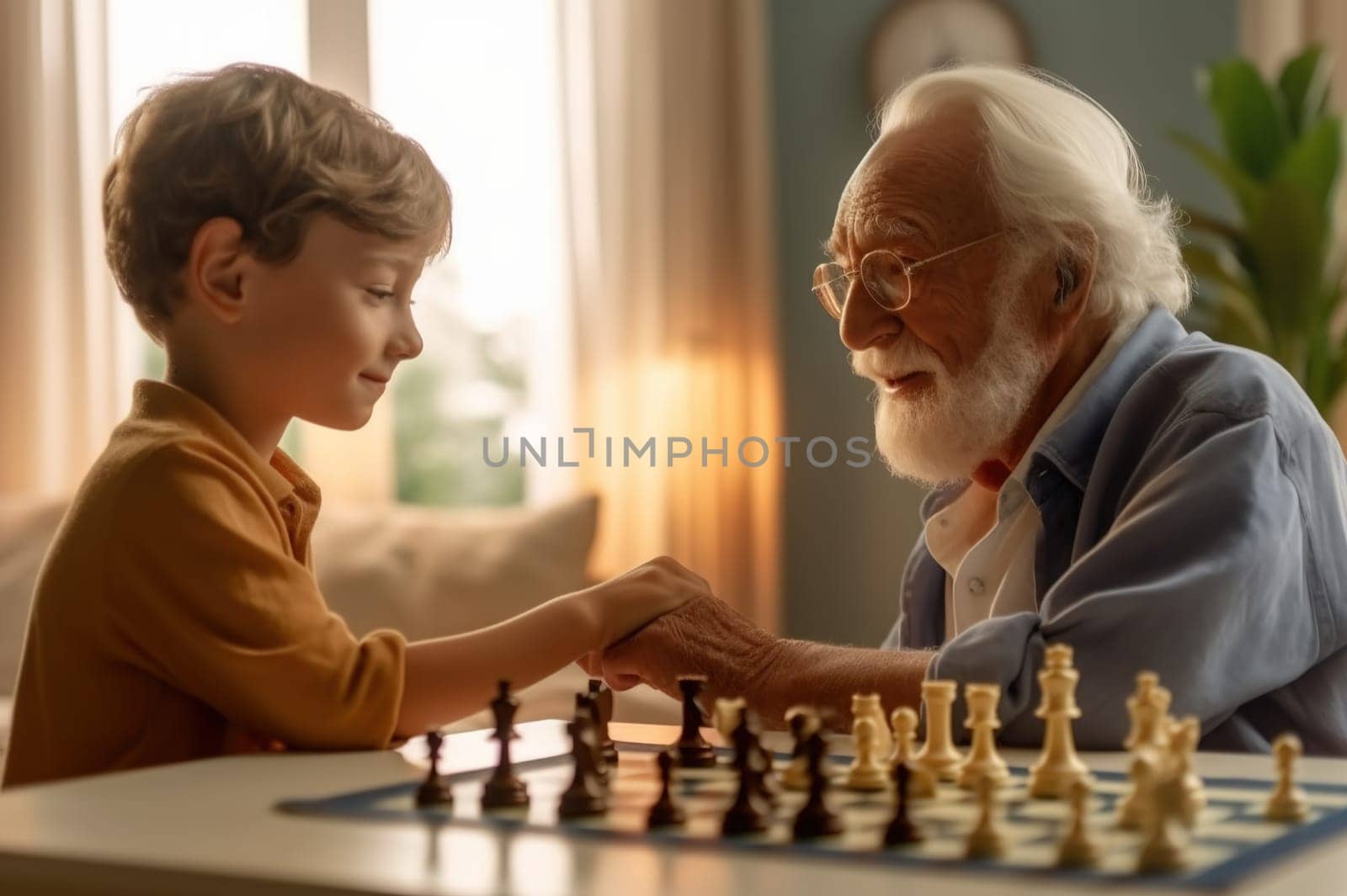 Grandfather and grandson play chess, Close-up. Generative AI. High quality illustration
