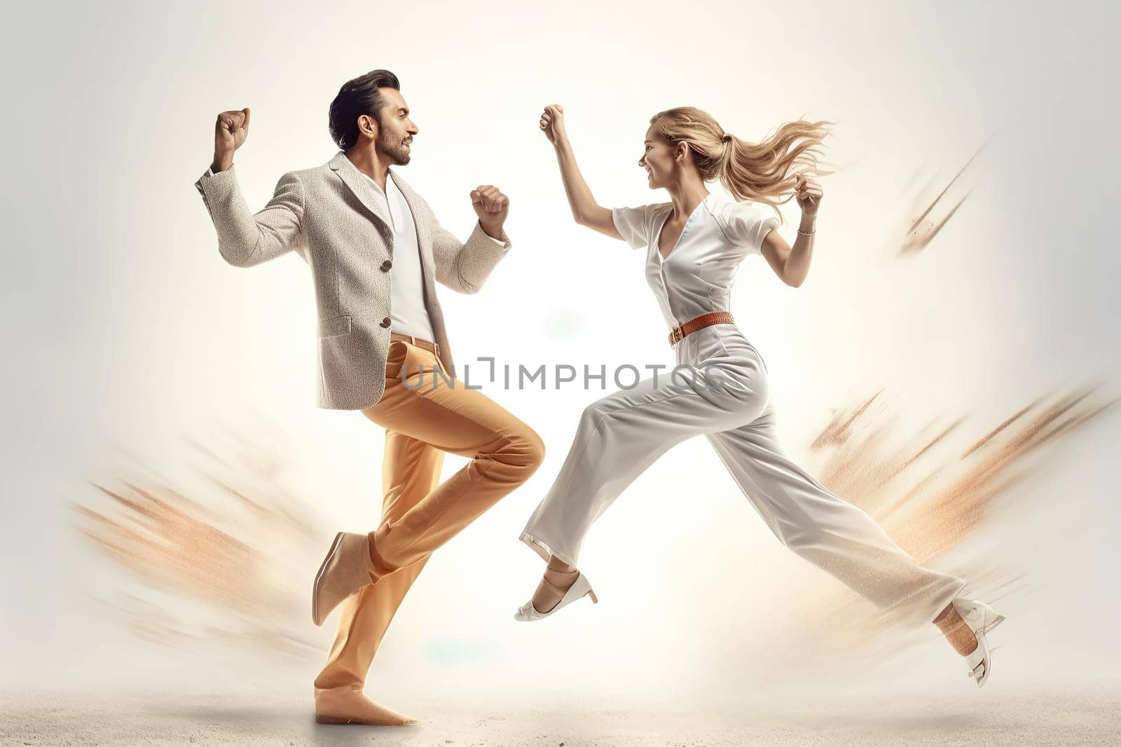 Dancing young couple on a light background. Generative AI. High quality illustration