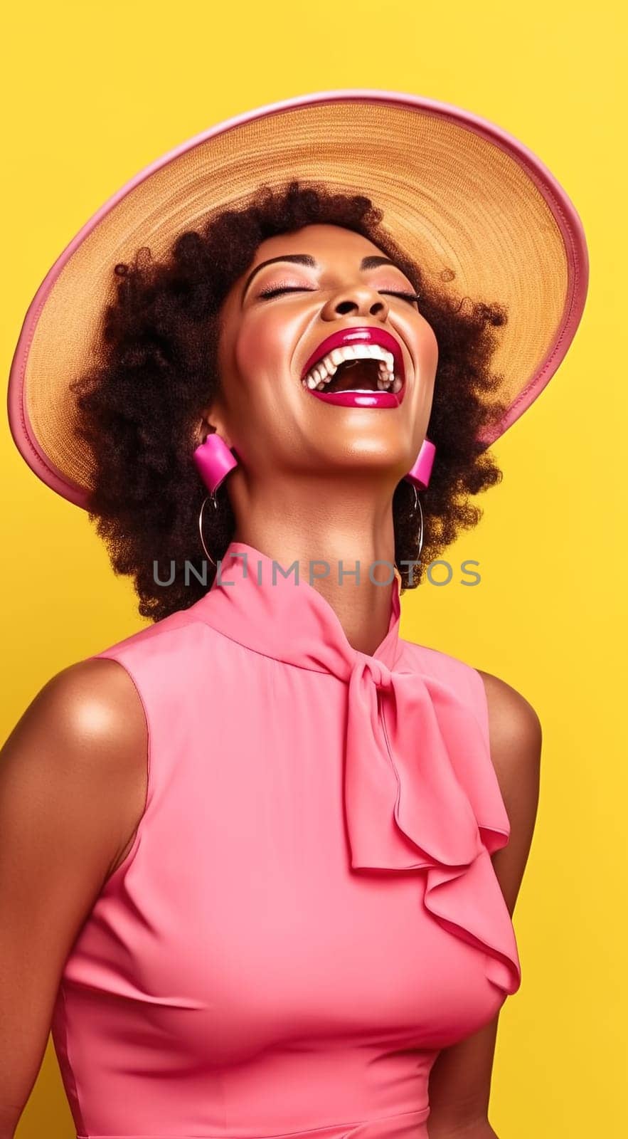 Young African American woman laughing in the studio in a pink dress on a yellow background. Generative AI by Yurich32