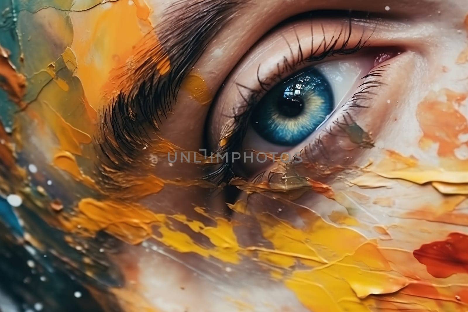 Portrait of a girl, eye close-up with strokes of oil paint. Abstraction. Generative AI. High quality photo
