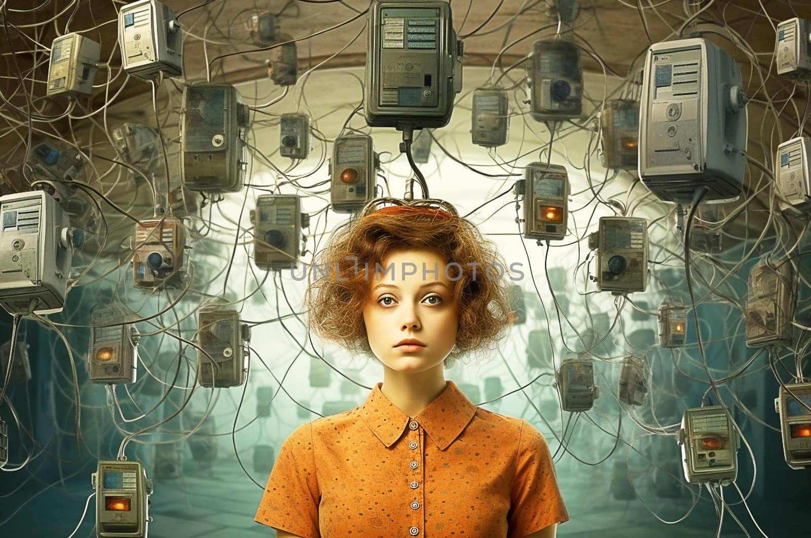 Girl in the center of the neural network, idea generation, fantastic imagination. Generative AI. High quality illustration