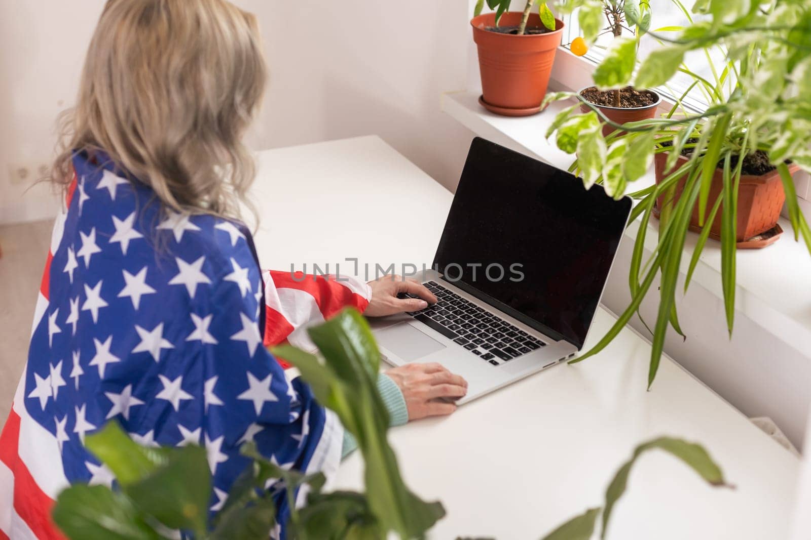 Positive teacher in headset having online lesson on laptop near flags in school by Andelov13