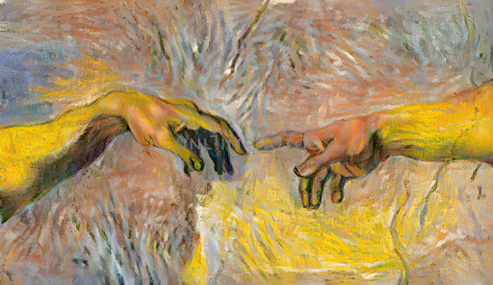 Detail of the painting the Creation of Adam by Michael Angelo in the style of Vincent Van Gogh. God's right arm is outstretched to impart the spark of life into the hand of Adam.  Generative AI