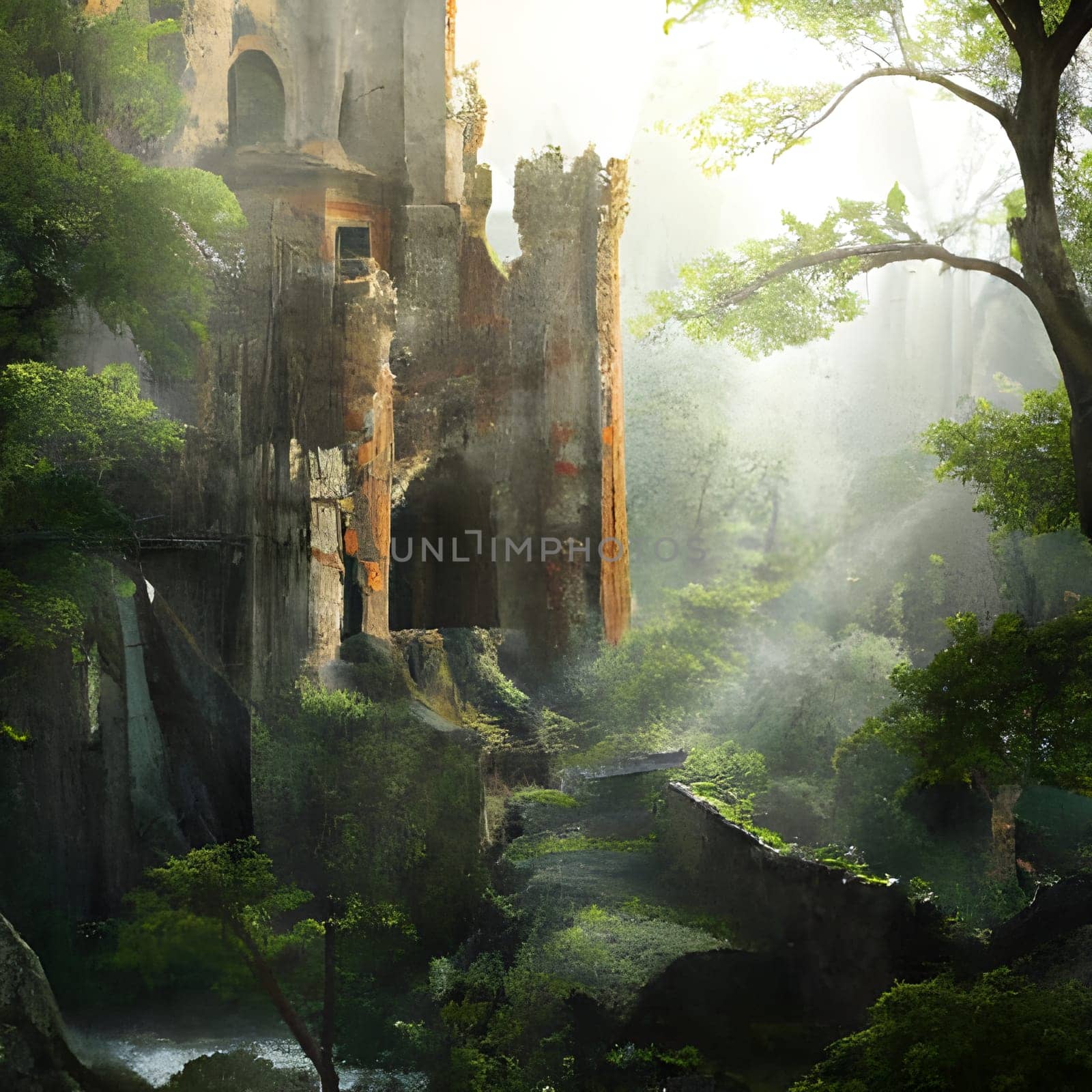 Dilapidated abandoned castle in a forest with sun rays. Generative AI