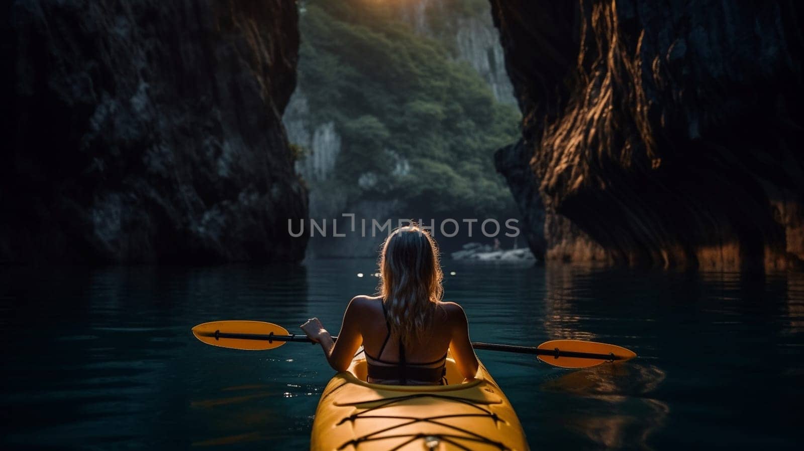 Silhouette woman kayaking on lake kayaks at night in the cave. Ai Generative.