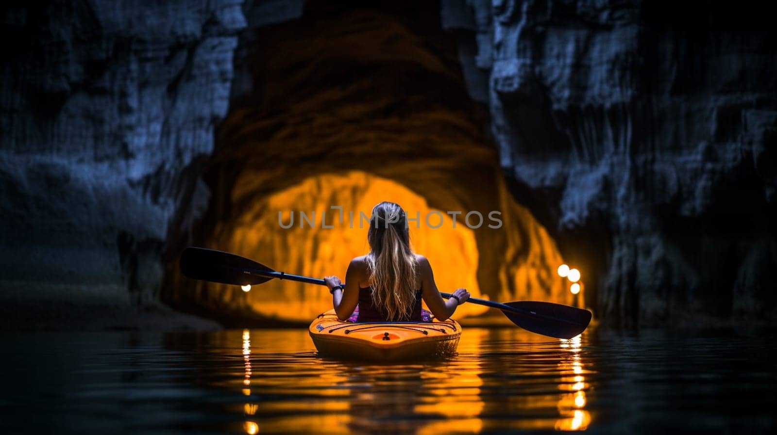 Silhouette woman kayaking on lake kayaks at night in the cave. Ai Generative.