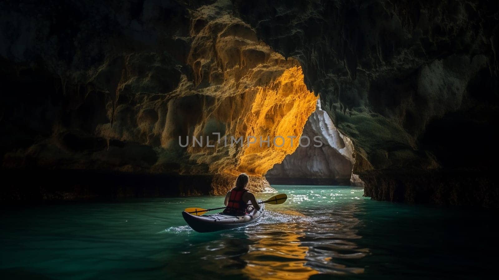 Silhouette woman kayaking on lake kayaks at night in the cave. Ai Generative by lucia_fox