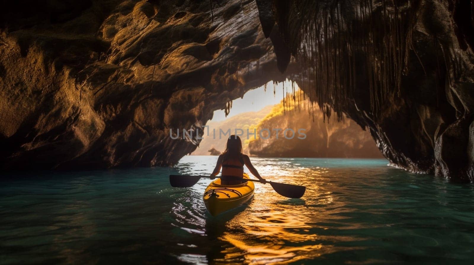 Silhouette woman kayaking on lake kayaks at night in the cave. Ai Generative by lucia_fox