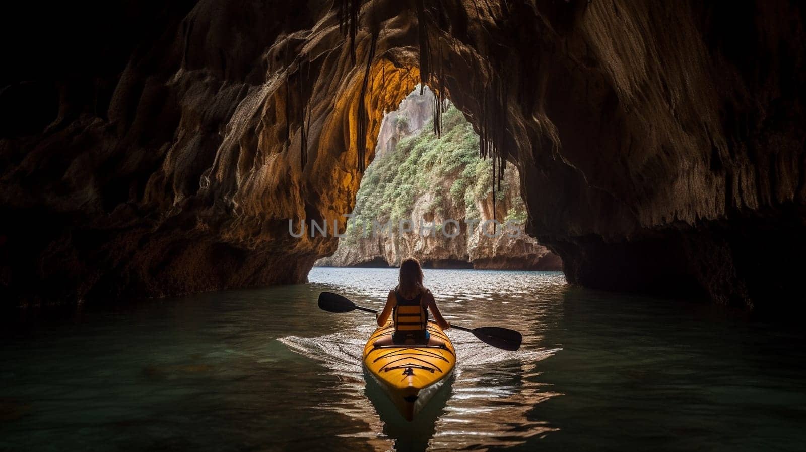 Silhouette woman kayaking on lake kayaks at night in the cave. Ai Generative by lucia_fox