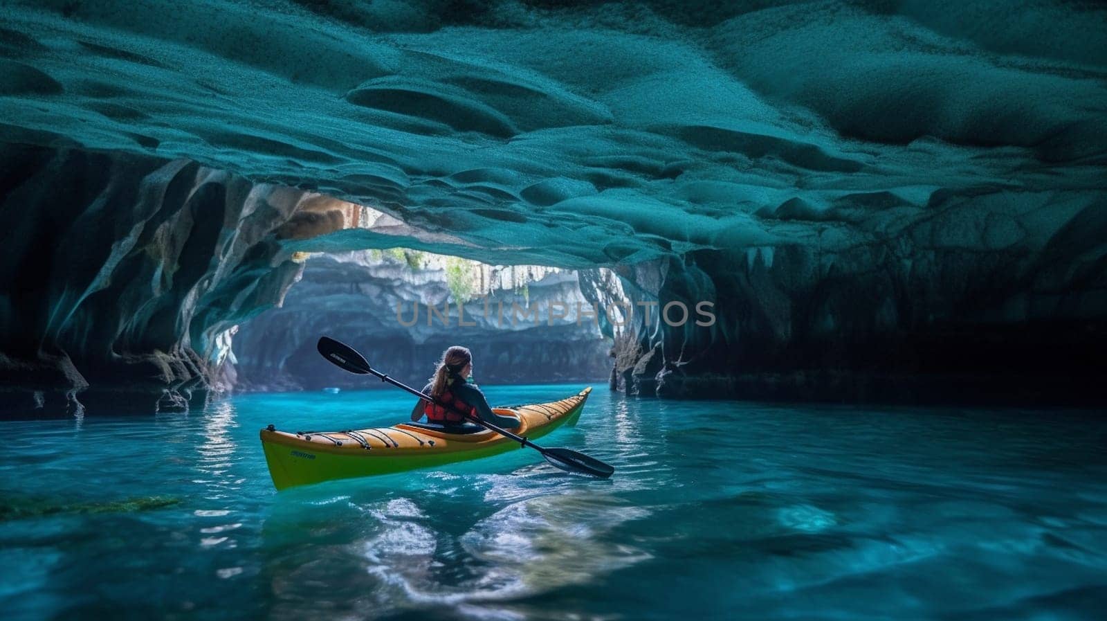 Silhouette woman kayaking on lake kayaks at night in the cave. Ai Generative.