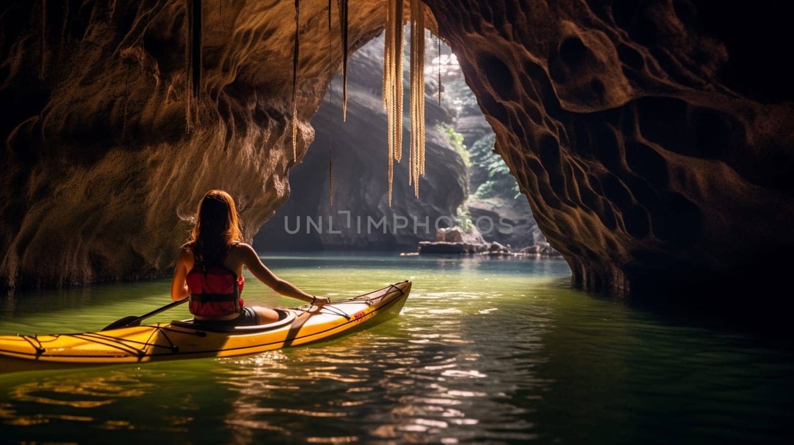 Silhouette woman kayaking on lake kayaks at night in the cave. Ai Generative.