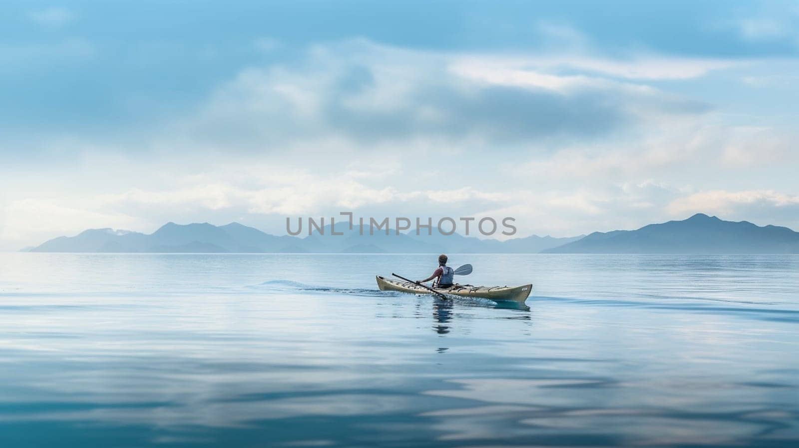 People paddles kayak in the lake or sea with turquoise water. ai generative.