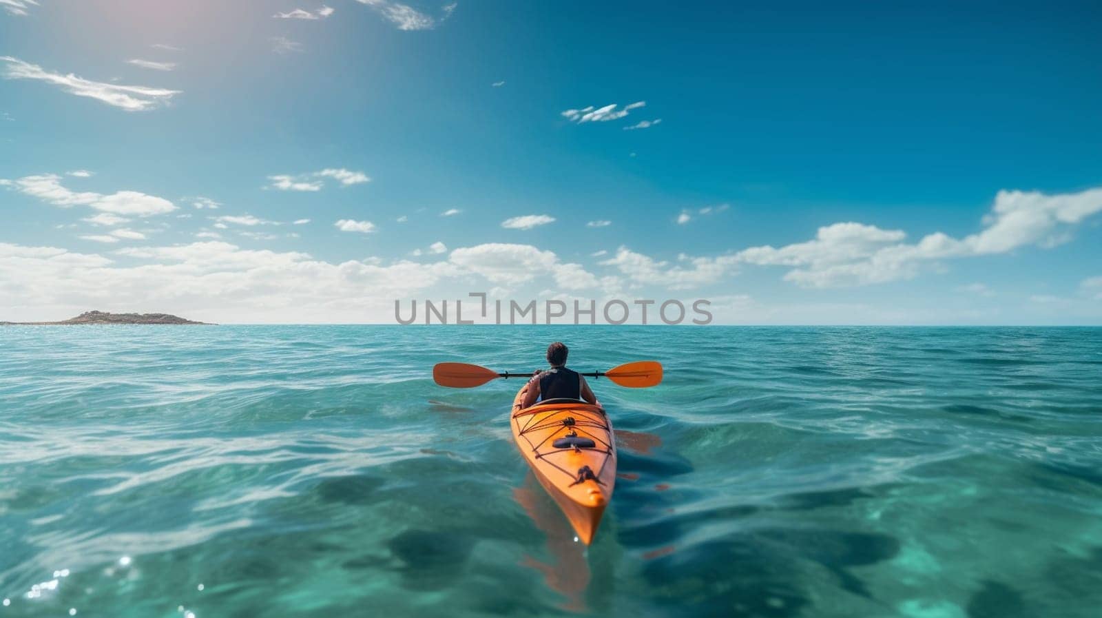 People paddles kayak in the lake or sea with turquoise water. ai generative.