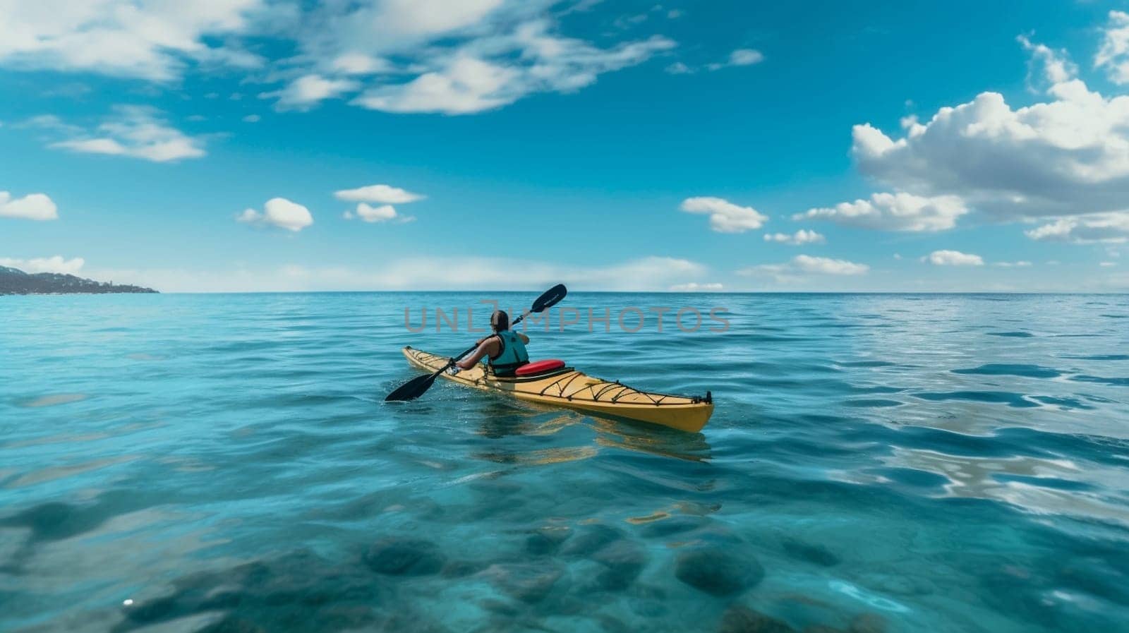 People paddles kayak in the lake or sea with turquoise water. ai generative.